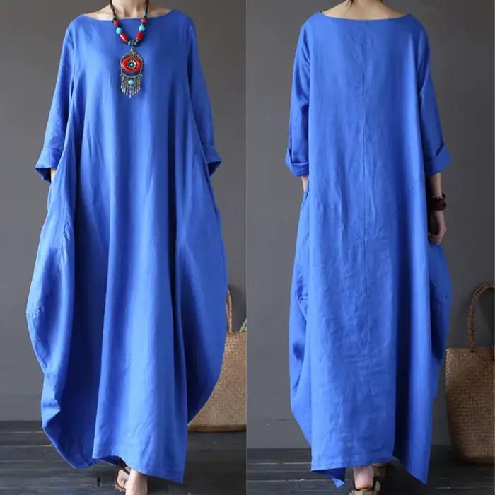 Robe longue en coton et lin pour femmes, mode coréenne, manches longues, col rond, Maxi caftan, Vint