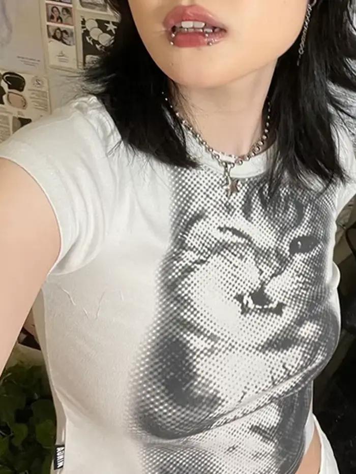 Harajuku Animal imprimé haut court basique blanc à manches courtes col rond T-shirt femmes décontrac