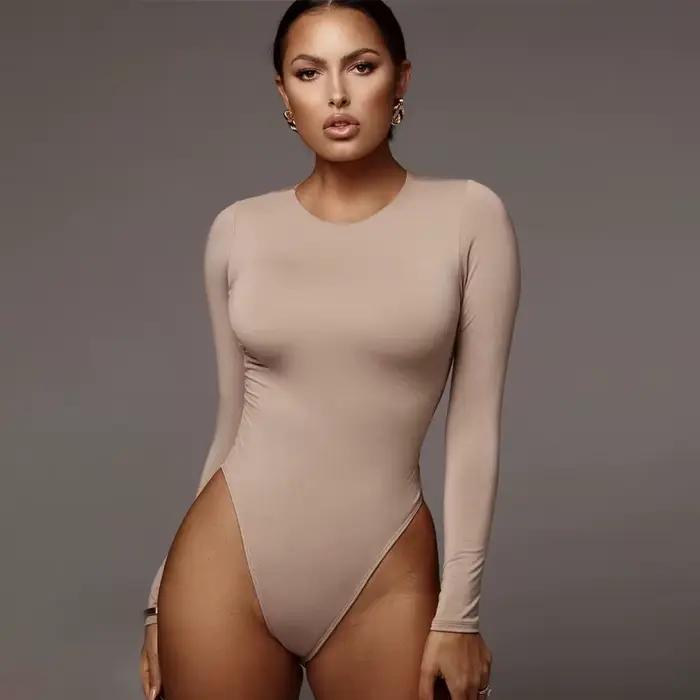 O cou à manches longues solide blanc Sexy Body femmes noir automne hiver corps haut gris décontracté