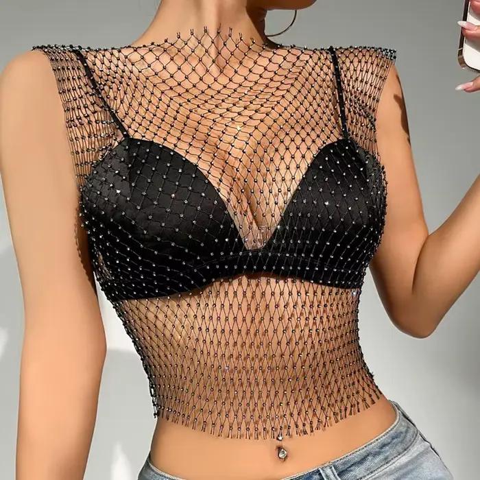 Haut court en résille pour femmes, Sexy, strass brillants, débardeur Y2K, transparent, Cover-Up pour