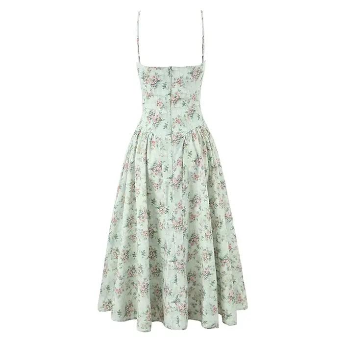 YENKYE vert imprimé fleuri Sexy bretelles Spaghetti Robe femmes taille basse a-ligne Midi vacances r