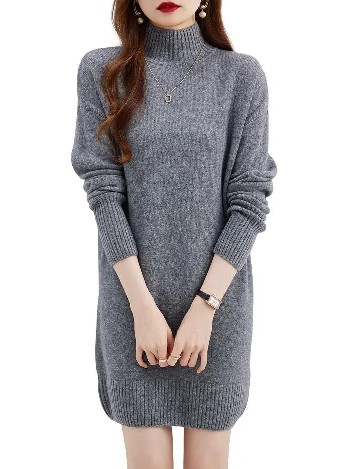Pull à col roulé femmes pulls 100% laine mérinos longue robe pull automne hiver chaud à manches long