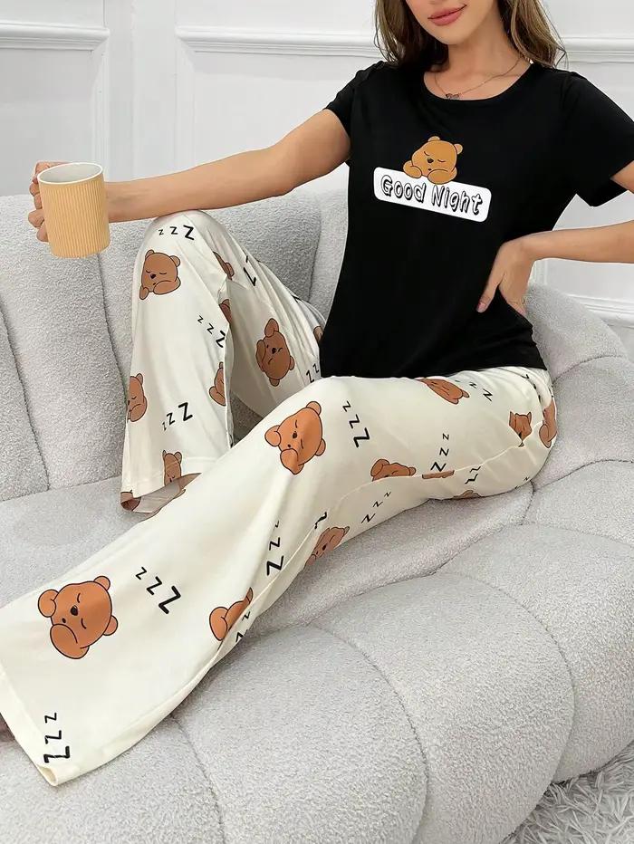 Ensemble 2 pièces de pyjama quatre saisons pour femmes, ensemble pyjama décontracté et mignon imprim