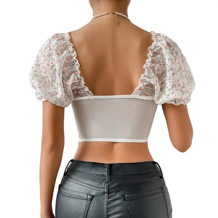 T-shirt court à imprimé floral pour femme, corset à manches bouffantes courtes, col carré, crochet e