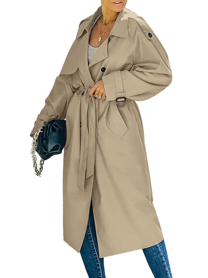 Trench-Coat Long à Double boutonnage pour femme, coupe-vent classique à revers, manches longues, par