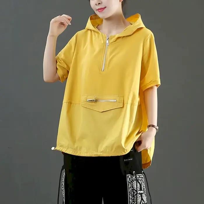 T-shirt à manches courtes en coton pour femme, T-shirt à capuche, Fermeture éclair, All-Match Design