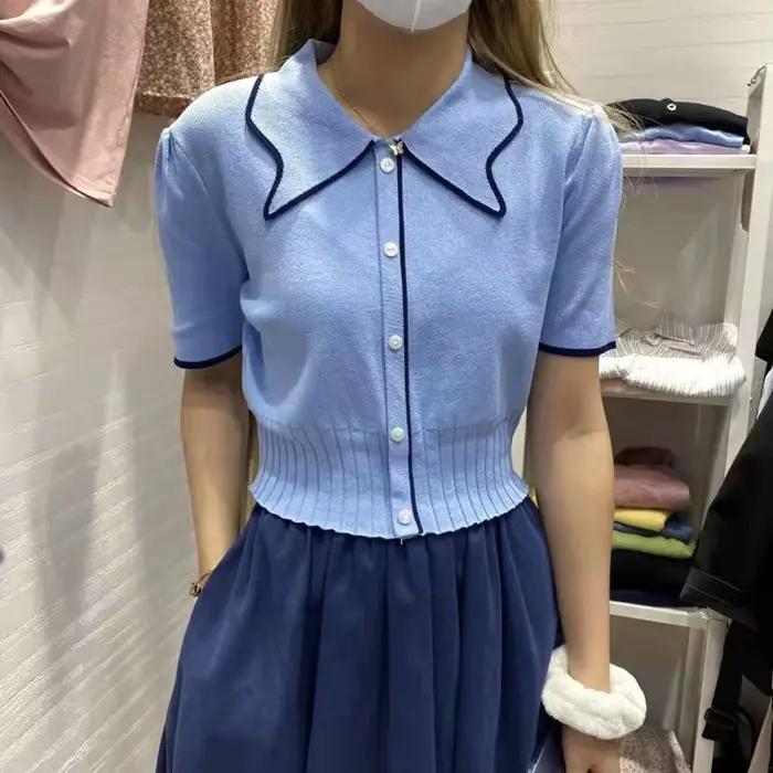 T-shirt court à manches courtes pour femme, avec col polo, patchwork, élastique, slim, été 2021