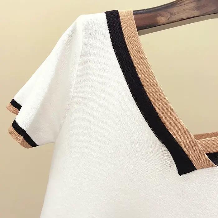 Pull rayé à manches courtes et col en V pour femmes, vêtements côtelés minces, mode estivale, 2024