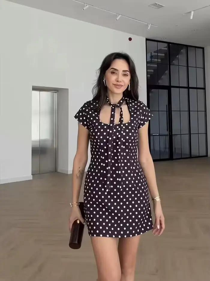 Robes mini à pois d'été HH pour femmes, robe décontractée à manches courtes avec col à lacets, robe