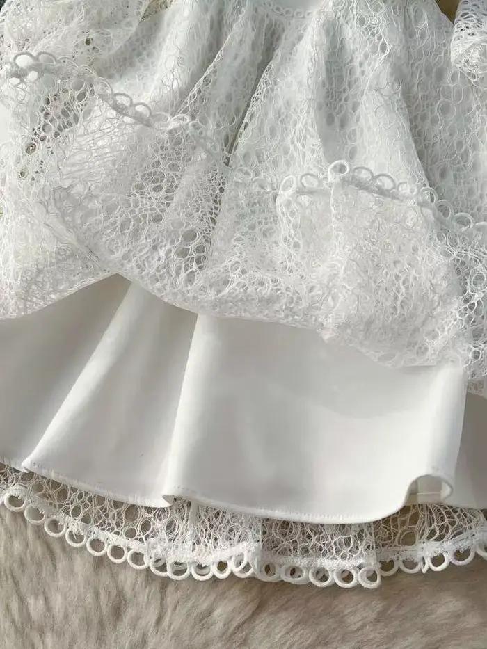 Robe blanche en dentelle ajourée pour femmes, Vintage, broderie de fleurs, col montant, manches long