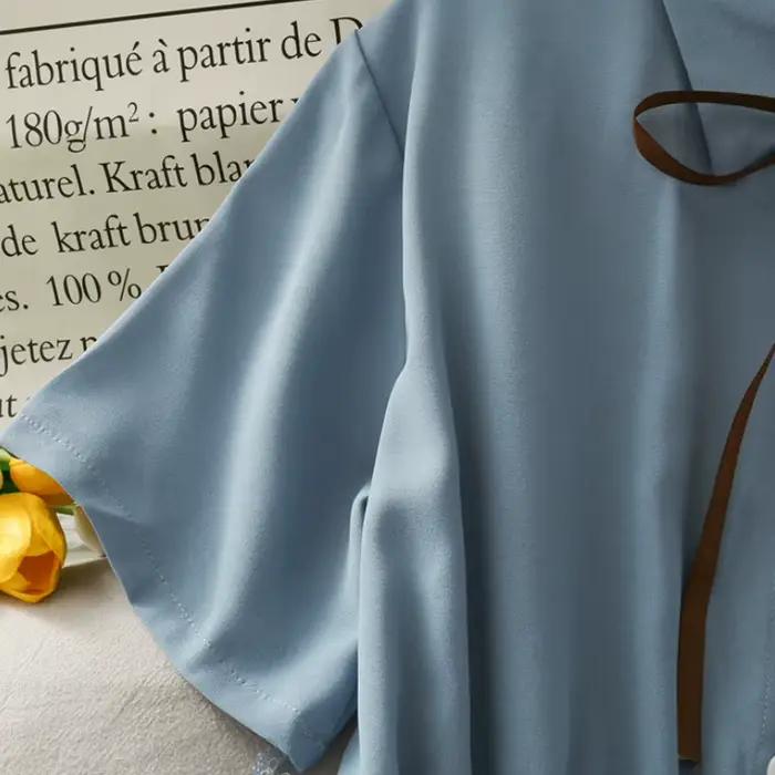 Robe en mousseline de soie avec nœud pour femme, monochromatique, taille haute, col rabattu, style p