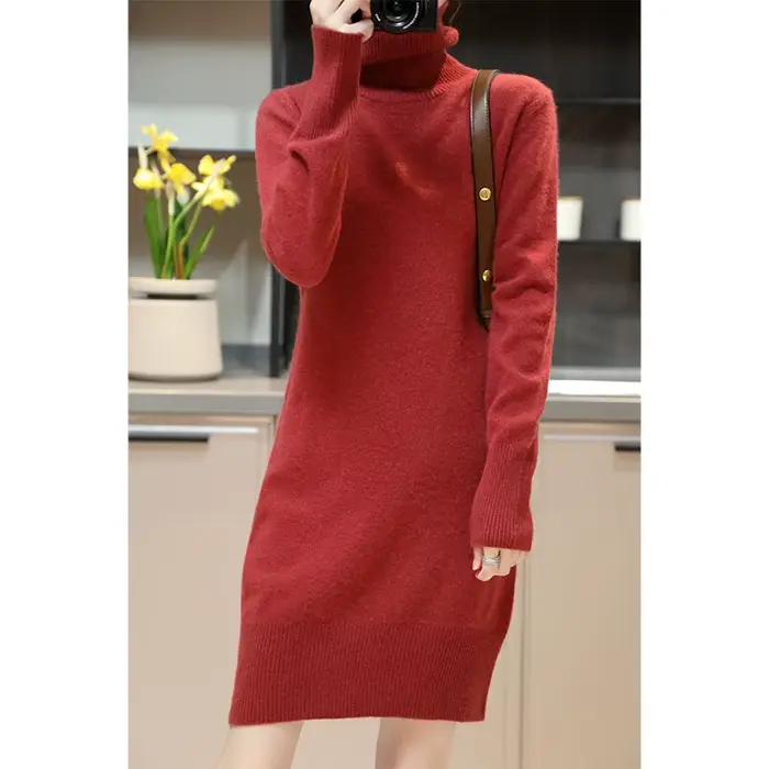 Robe pull en cachemire pour femme, tenue élégante en laine mérinos, col roulé, tricotée, décontracté