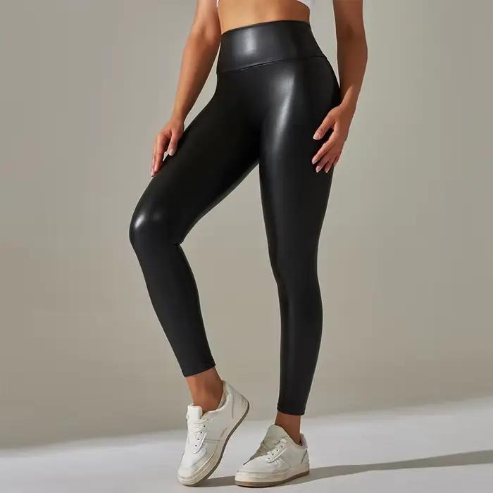 Pantalon taille haute en similicuir, décontracté, pour le yoga, très élastique, toutes saisons, long