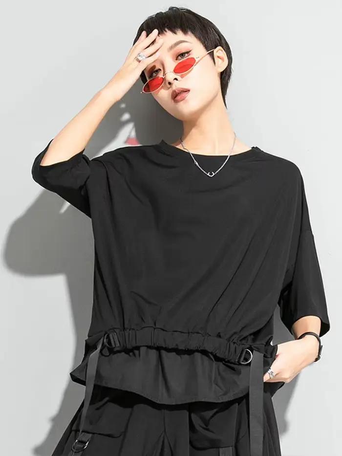 AmaxluluE 2025 été mode T-shirt femmes noir à manches courtes T-shirt dames décontracté Patchwork ha