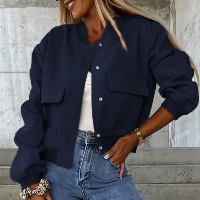 Veste Courte à Poches et Col Rond pour Femme, Manteau à Manches sulf, Décontracté, à Simple Boutonna