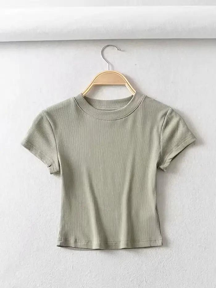Été Sexy femmes col rond à manches courtes T-shirt mince élastique maigre culture hauts
