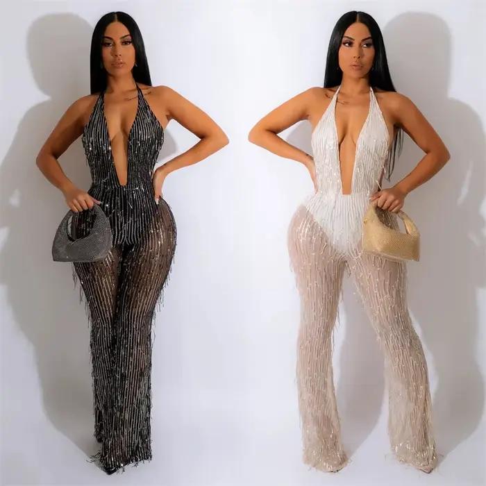 Barboteuse à paillettes pour femmes, combinaison Sexy à paillettes, dos nu, salopette en maille tran