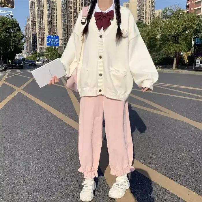 Pantalon en velours côtelé de style japonais pour femme, bouffant droit décontracté, rose, doux, mig