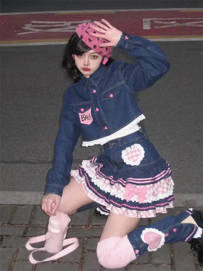 Japonais doux Lolita Mini jupes robe de bal femmes Harajuku mignon jupe en jean Style Preppy filles