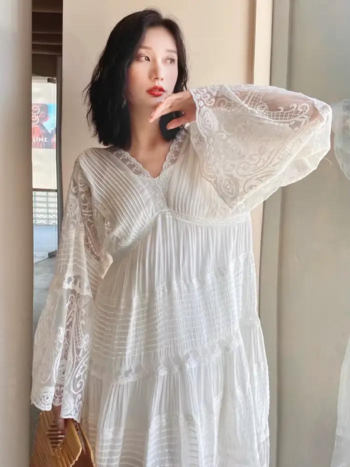 Pouvez-vous psyLady-Robe maxi blanche en dentelle florale pour femmes, élégante, coton nickel é, col