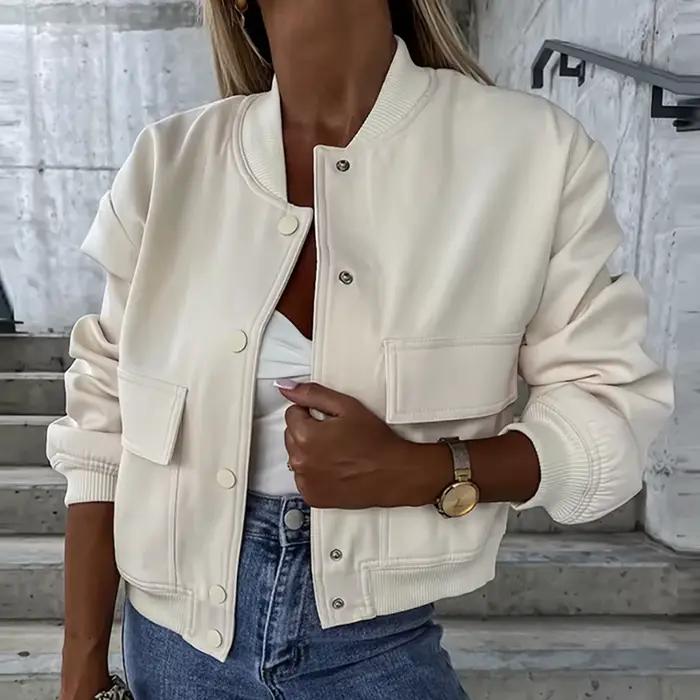 Veste Courte à Poches et Col Rond pour Femme, Manteau à Manches sulf, Décontracté, à Simple Boutonna