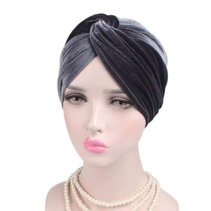 Bonnet turban extensible en velours doux pour femmes, chapeau musulman chaud, casquettes Hijab crois