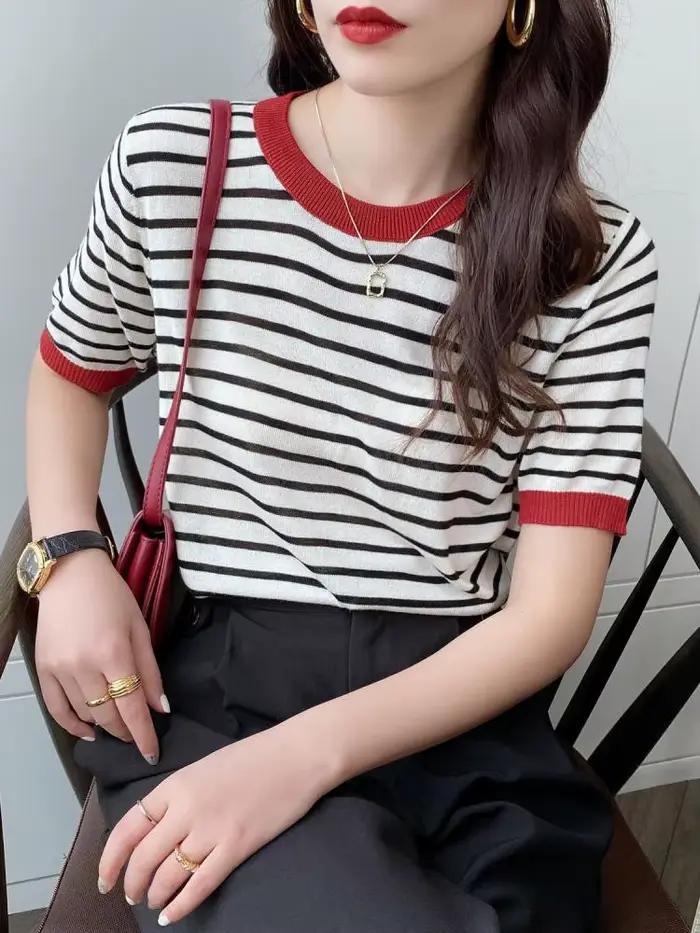 T-shirt décontracté à rayures pour femme, col rond, imprimé, manches courtes, tricoté, été 2026