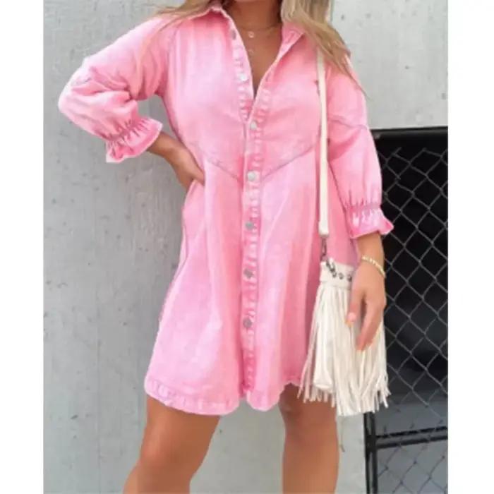 Robe chemise en jean pour femme, col rabattu, manches lanterne, simple boutonnage, ligne A, robe édu