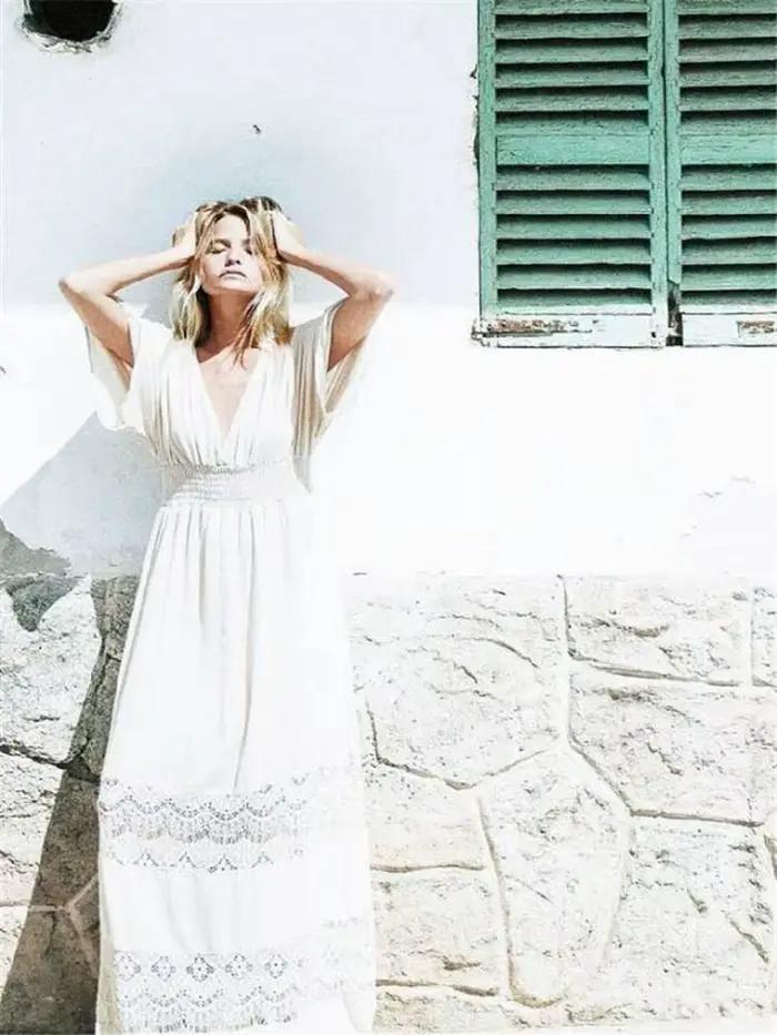 Robe longue d'été en coton blanc pour femmes, style bohème, sexy, décolleté en V profond, demi-manch