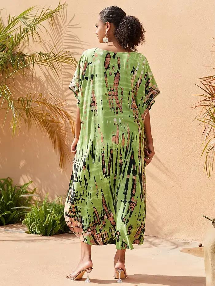 2025 bohème imprimé col en v manches chauve-souris côté fendu robe ample pour les femmes vêtements g