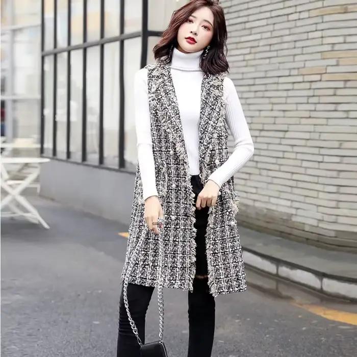 Veste Longue en Laine pour Femme, Cardigan à Carreaux, Nouvelle Collection Printemps Automne 2023
