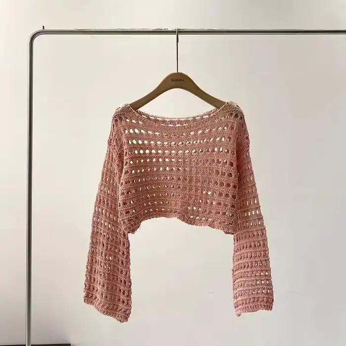 Haut en tricot au Crochet à manches longues pour femmes, Cover-Up pour Bikini de plage, pull court e