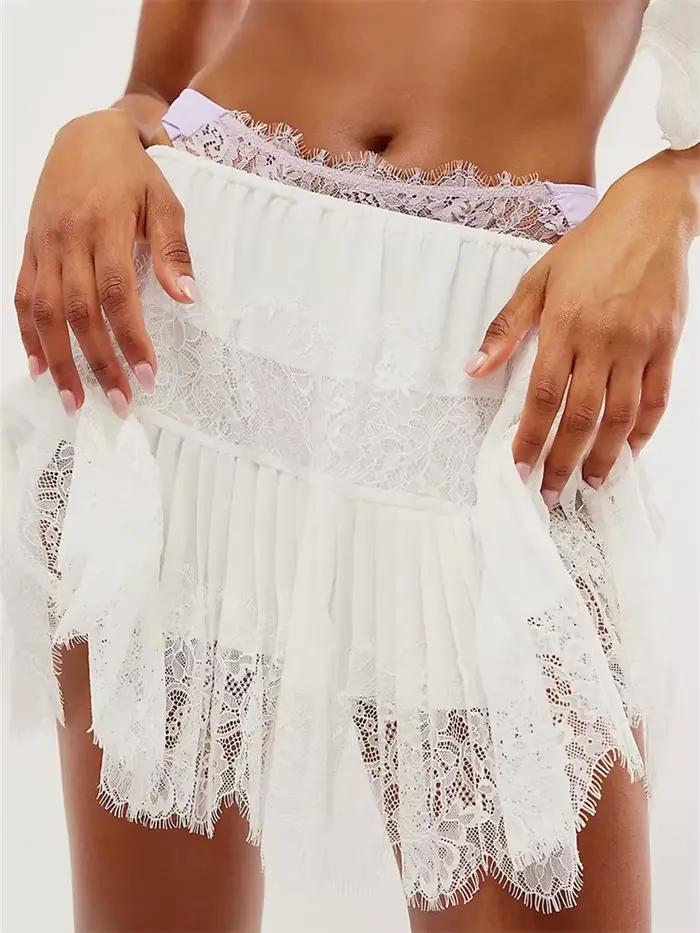 Mini jupes plissées en dentelle taille midi pour femmes, jupes courtes esthétiques, bohème décontrac