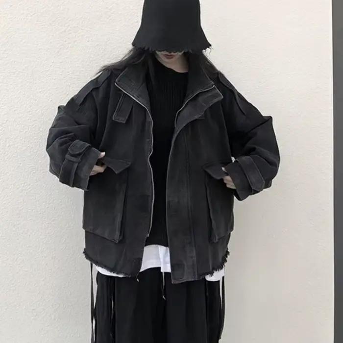 Gidyq-Veste en jean à pampilles pour femmes, mode coréenne, grande poche, adt, denim, combiné, tout