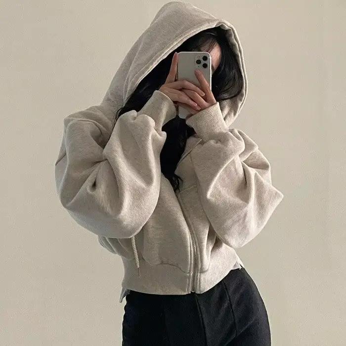 Chemise à capuche coréenne pour femmes, mode doublure polaire, sweat à capuche ample, fermeture écla