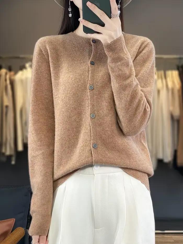 100% laine mérinos pull femmes col rond Cardigan Style basique boutonné tricots femme décontracté au
