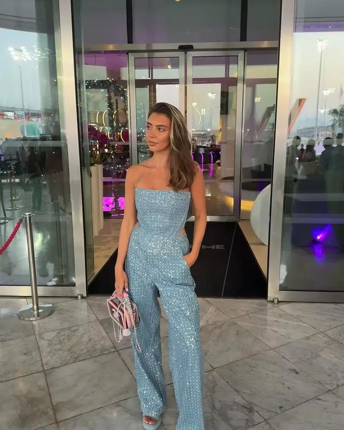 Ensemble en Denim à paillettes pour femmes, tunique sans bretelles, haut court à la taille et pantal