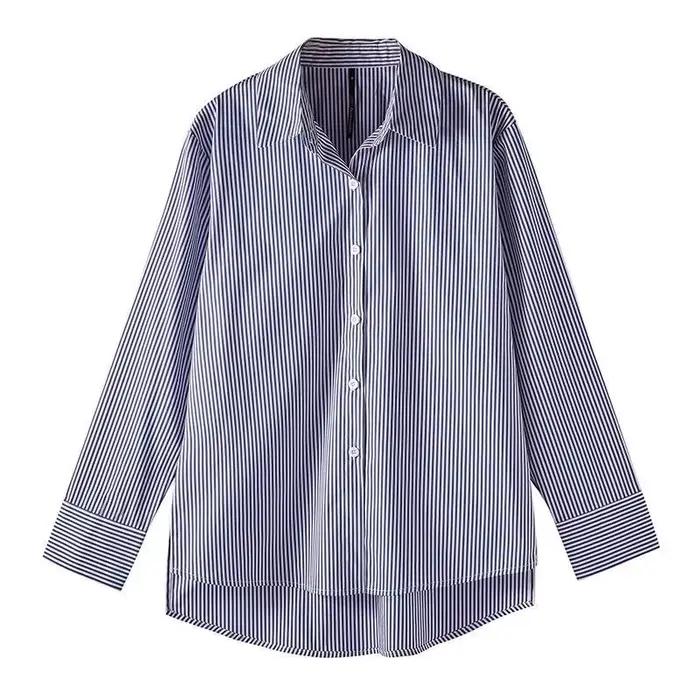 Classique rayé femme printemps automne Blouses chemise dame longue lanterne manches col montant lâch