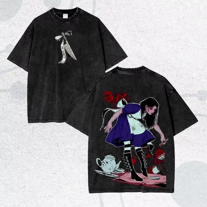 T-shirt Alice Madness Returns délavé pour couples, vêtements unisexes grande taille, vêtements de ca