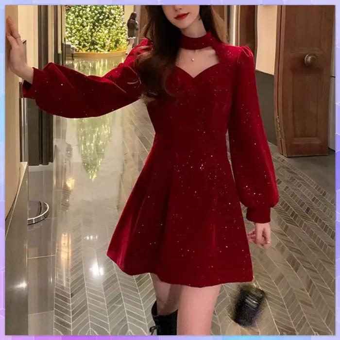Robe de soirée élégante en velours rouge pour femme, mini robes pour femme, Noël, français, vintage,