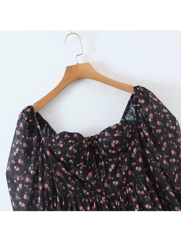 YENKYE automne mode femmes Vintage imprimé fleuri robe en mousseline de soie Sexy Semi-transparent à