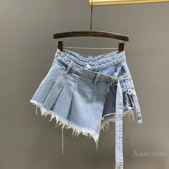 Mini jupe en jean rose irrégulière pour femme, taille haute, amincissante, faux deux pièces, vêtemen