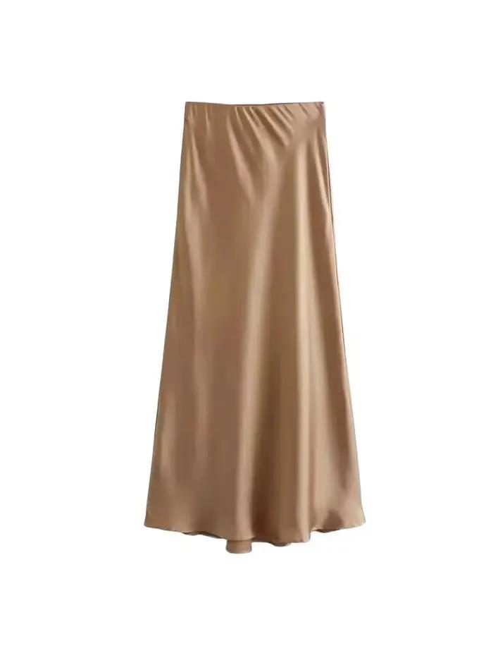 Jupe mi-longue semblable à de soie pour femmes, doux au toucher, taille haute, ceinture élastique, C