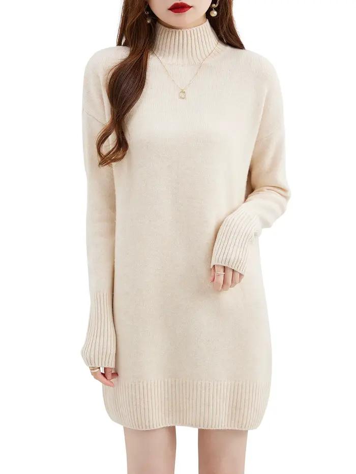 Pull à col roulé femmes pulls 100% laine mérinos longue robe pull automne hiver chaud à manches long