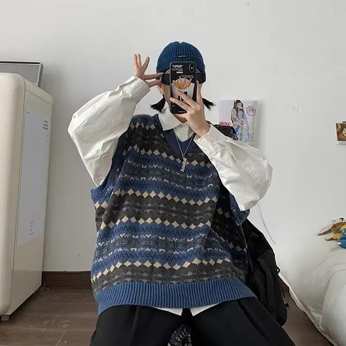 Pull vintage Argyle rétro à col en V pour femmes, pulls souples, vêtements d'extérieur assortis avec
