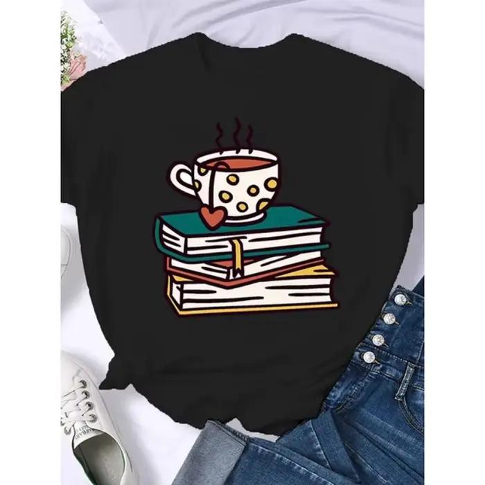 Café livres livres marron américain rétro T-shirt femme col rond demi manches T-shirt imprimé T-shir