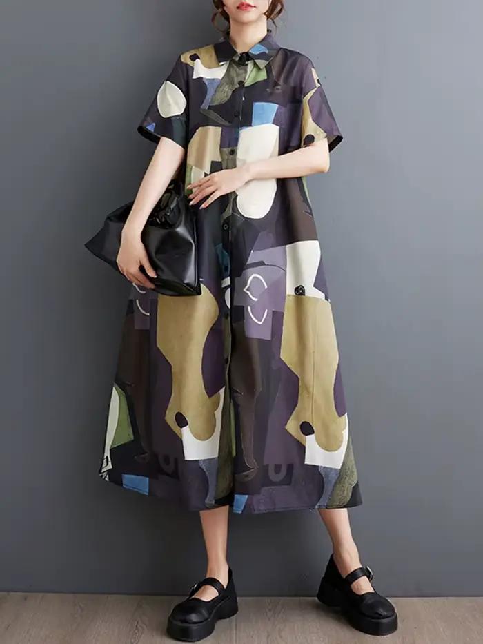 Nouvelles Robes Chemises Imprimées Vintage Été 2026 pour Femmes – Robe Midi Décontractée Ample à Man