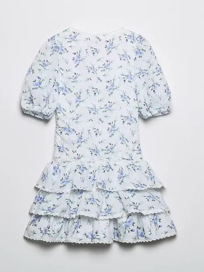YENKYE-Mini robe à volants en dentelle pour femmes, imprimé floral, manches bouffantes vintage, garn