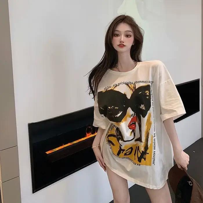 100% coton T-Shirt femmes tendance mode perles T-Shirt coréen dessin animé à manches courtes hauts f