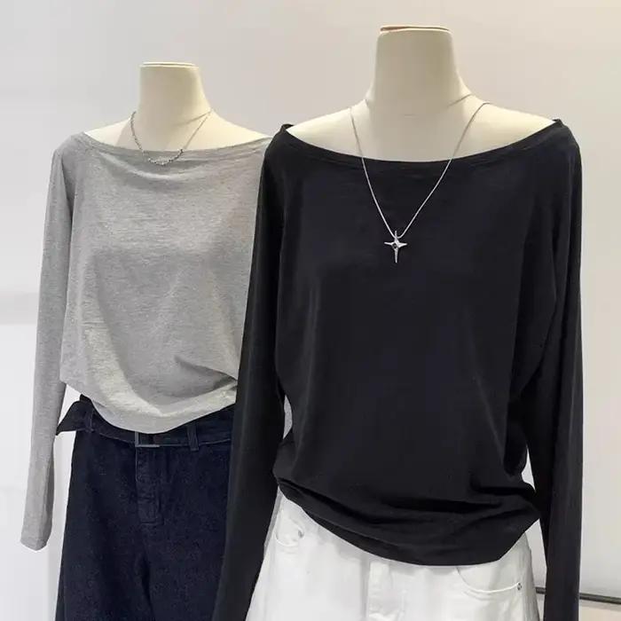 Chemise asymétrique épaule dénudée en coton, manches longues, épaules inclinées, Style de vêtements